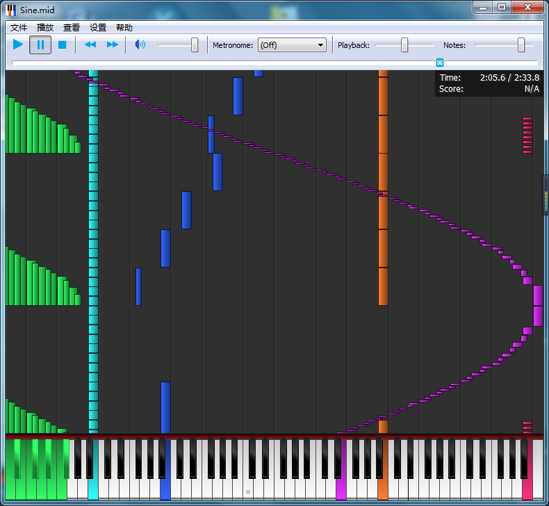 在这张屏幕截图中可以看到，在钢琴瀑布中有一串紫色音符排列成一段正弦波，还有其他不同颜色的音符