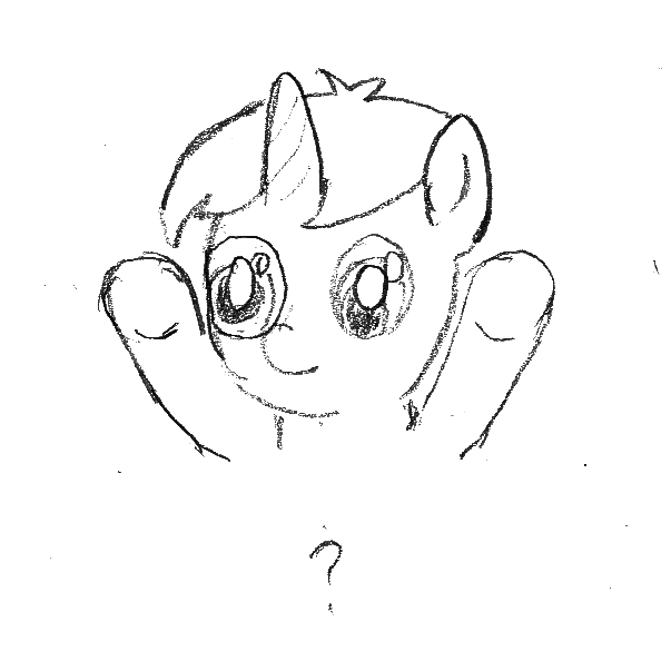 Illustraion of a cartoon unicorn pony raising their front hooves, with a question mark below.